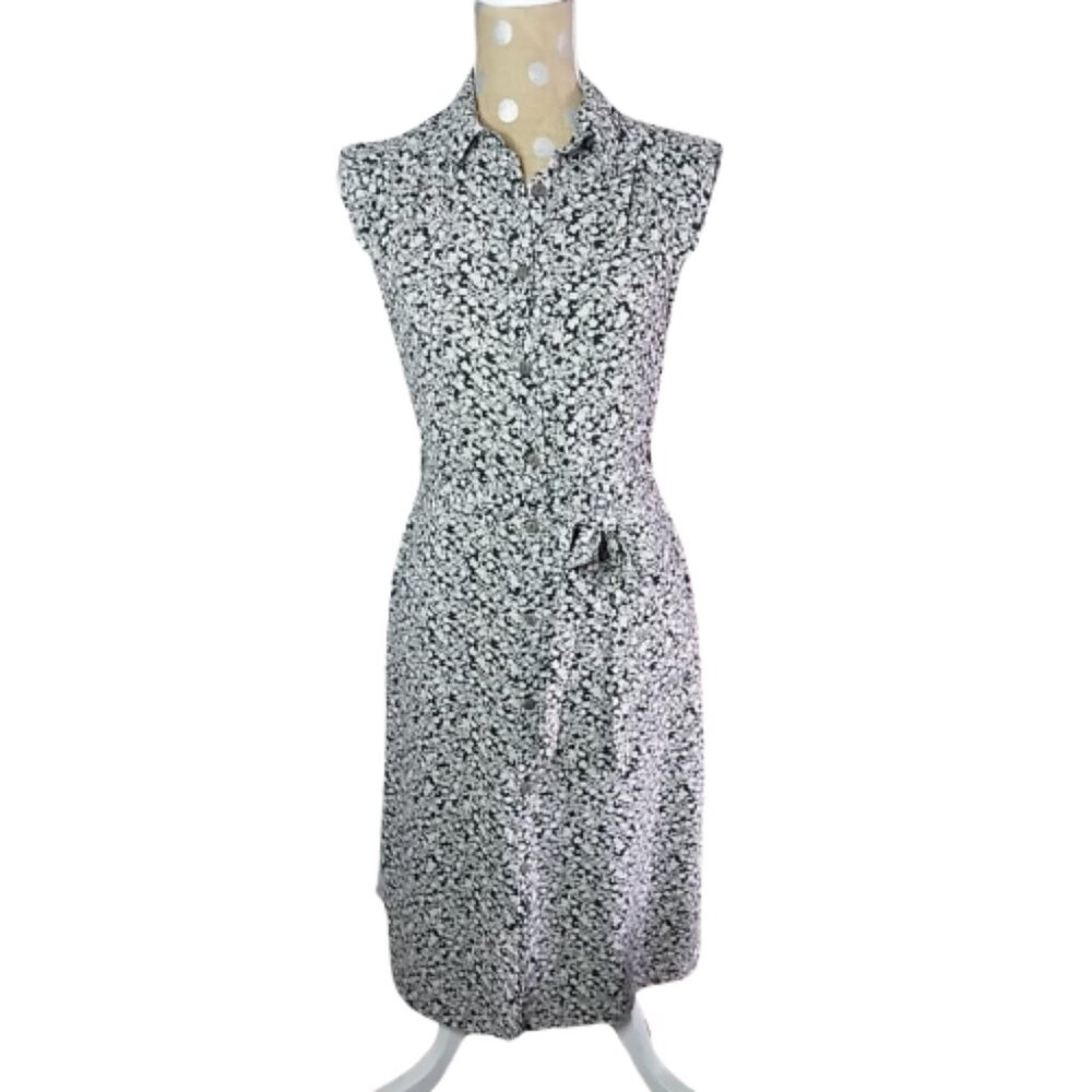 Monteau Los Angeles Ruffle V Neck Little Black Floral Belted Dress Size Medium